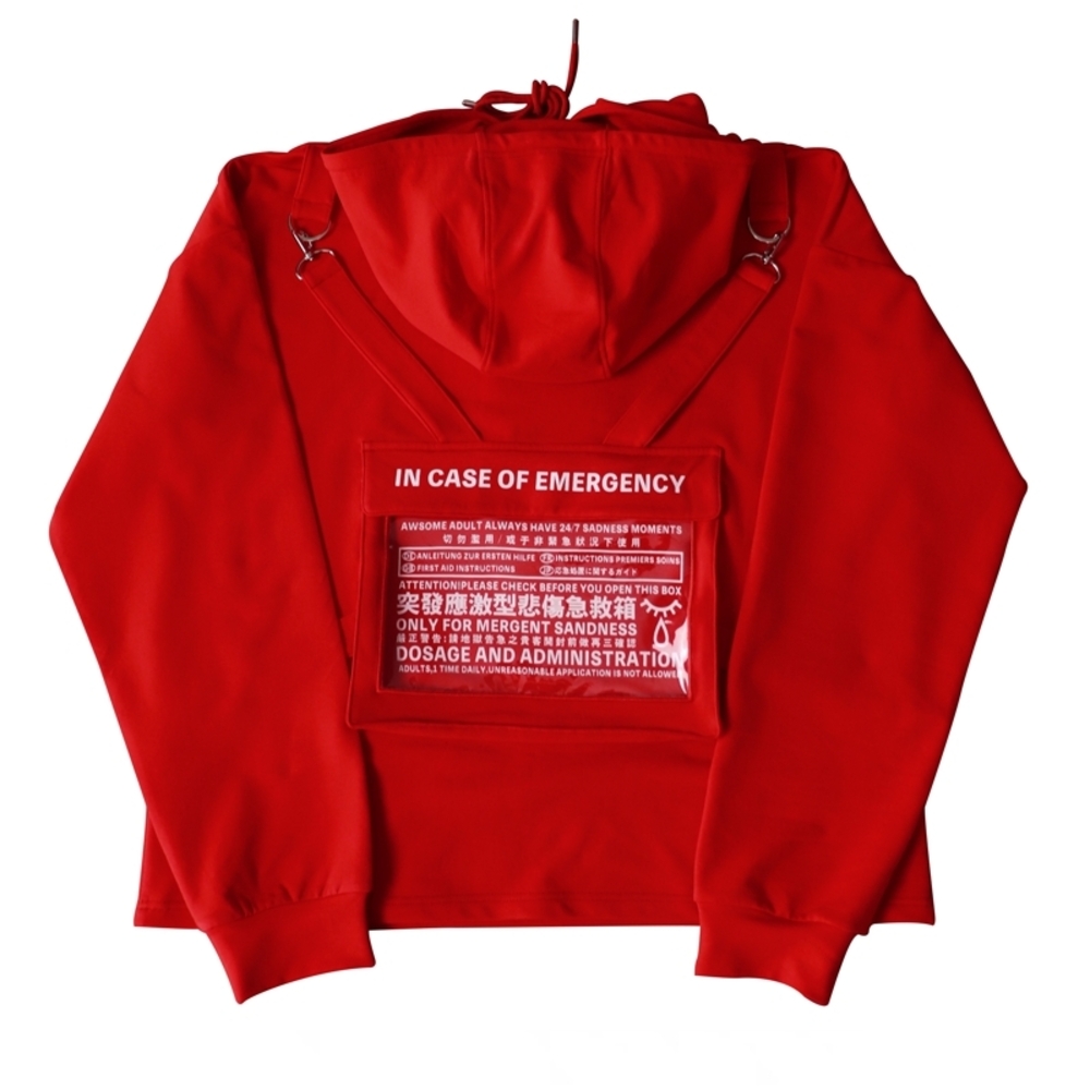 3LOVEPLUG Red Graphic Hoodie with 'In Case of Emergency' Pocket